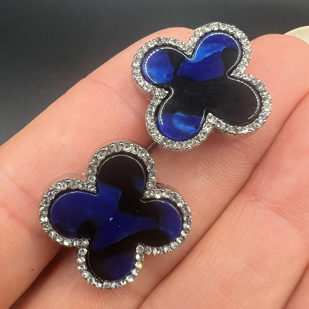 Blue Enamel Earrings with Silver Tone and Rhinestones - Picture 1 of 3